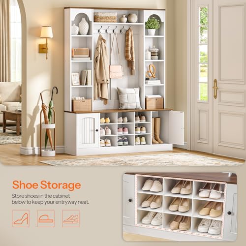 51-Inch Hall Tree with Bench and Shoe Storage, Entryway Coat Rack Organizer