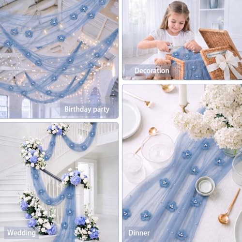 CrystalSylara Blue Pearl Tulle Table Runner 29x120'' Set of 6 Wedding Decor