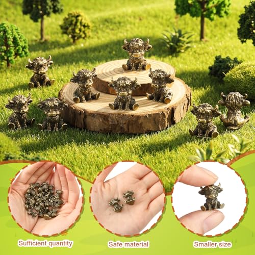 24 Pcs Mini Highland Cow Figurines, 0.59 Inch Vintage Brass Metal Statues