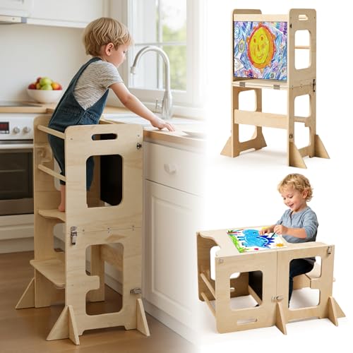 Foldable Wooden Learning Tower with Blackboard - Toddler Kitchen Step Stool