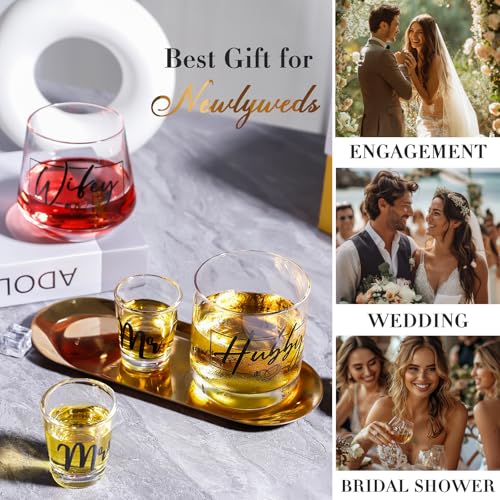 Hubby & Wifey Stemless Wine and Whiskey Glass Set for Couples