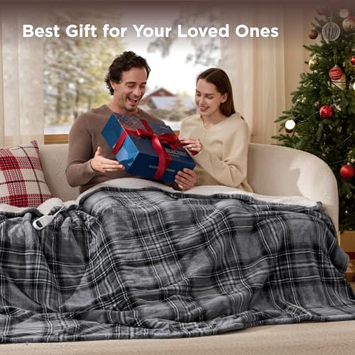 Heated Throw Blanket, Plaid Flannel Sherpa Electric Blanket 50"x60"