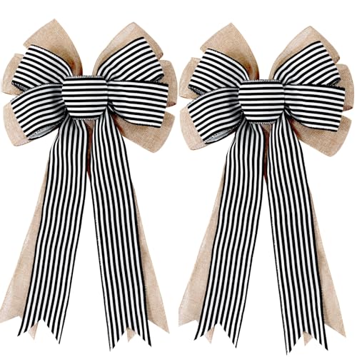 Black & White Striped Burlap Wreath Bows - Rustic Farmhouse Decor (2 Pack)