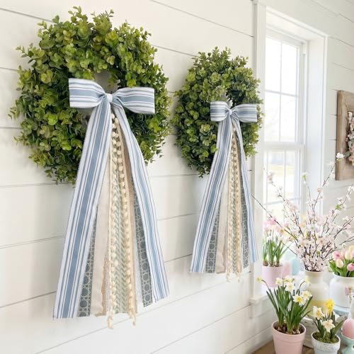 2 Pack Grayish Blue & Ivory Wreath Bows for Front Door & Tree Topper Decor