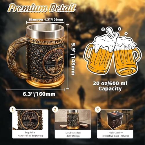 20oz Viking Tree of Life Beer Tankard, Stainless Steel Norse Mug
