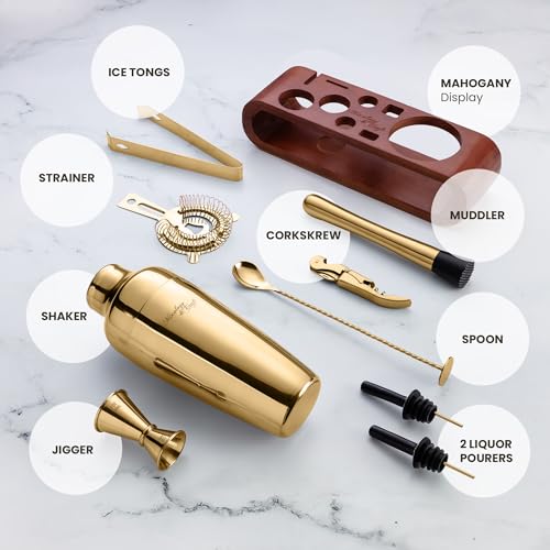 Mixology & Craft 10-Piece Cocktail Shaker Set with Bamboo Stand - Gold Bar Tool Kit
