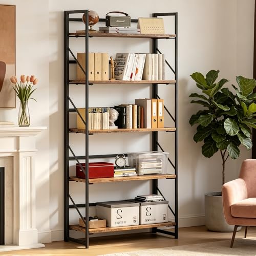 5-Tier Foldable Bookshelf, Industrial Metal and Wood Storage Shelf