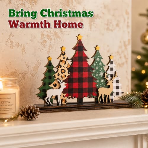 GJNGKSIM Wooden Christmas Tree & Reindeer Sign - Indoor Holiday Decor for Mantel or Shelf