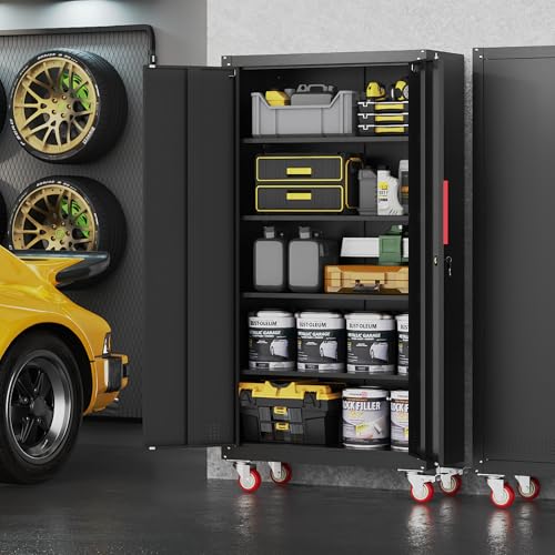 71" Rolling Metal Garage Storage Cabinet with Lock and Adjustable Shelves