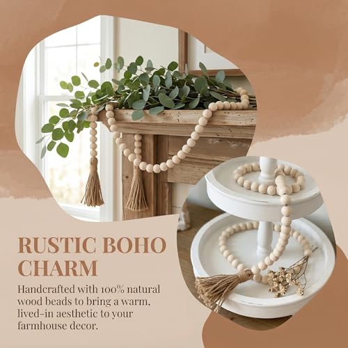 Rustic Wood Bead Garland with Tassels - 1.5m Boho Farmhouse Decor