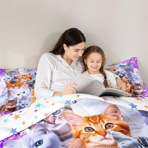 Cute Cartoon Cat Twin Comforter Set with Pillowcase - Floral Design