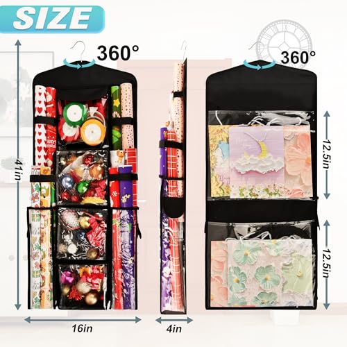 Double-Sided Gift Bag and Wrapping Paper Storage Organizer with 360° Rotating Hook