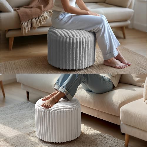 Round Faux Fur Pouf Ottoman, 20-Inch Shaggy Footrest with Washable Cover