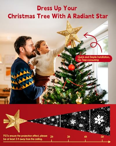 Christmas Star Tree Topper with LED Snowflake Projector Light, 10-Inch
