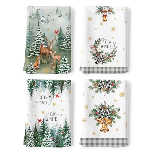 Winter Woodland Deer Tea Towels Set of 4 - 100% Cotton Kitchen Hand Towels, Arquiel