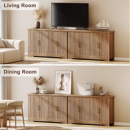 55-Inch Fluted Sideboard Buffet Cabinet with Adjustable Shelves, Natural Oak