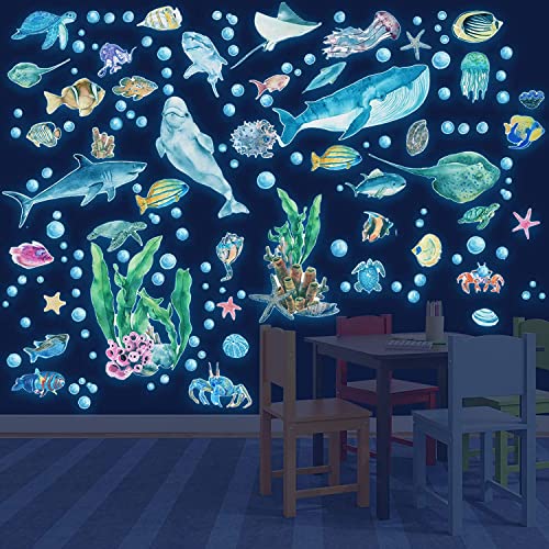Glow in the Dark Ocean Wall Decals – Watercolor Sea Life Stickers for Kids