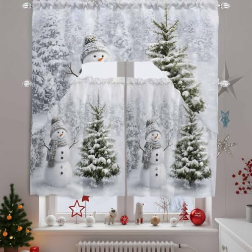 Jnbasdffb Christmas Kitchen Curtain and Valance Set 3 Pieces - 27.5"W x 24"L Snowman Pine Tree Short Tier & Swag, Grey White Green