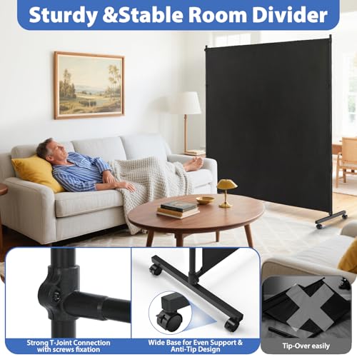 73" x 75" Portable Room Divider Screen with Wheels, Fabric Privacy Partition