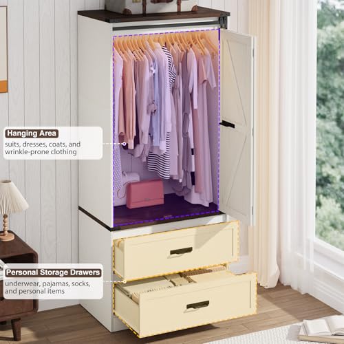 Farmhouse Armoire Wardrobe with Sliding Barn Doors, LED Lights & Drawers
