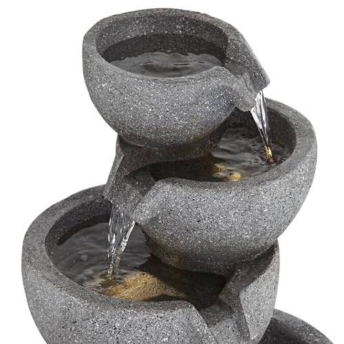 32-Inch Four-Bowl Cascading Floor Fountain with LED Light, Faux Stone Finish