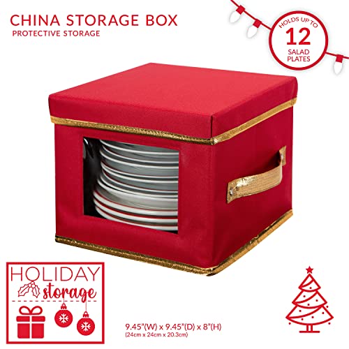 Simplify Holiday Salad Plate Storage Box with Felt Dividers | 9.45 Inch Christmas China Organizer