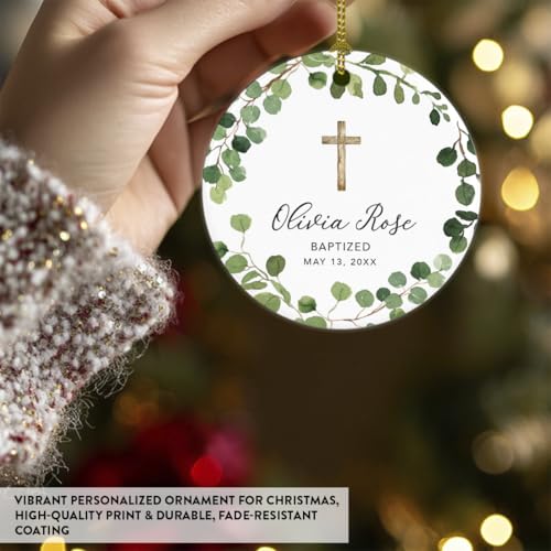 Personalized Baptism Ornament 2026, Round Ceramic Eucalyptus Wreath Keepsake