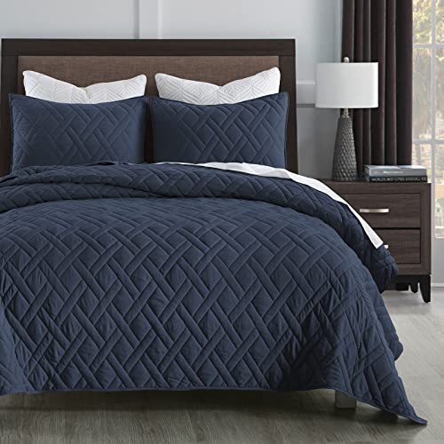 HORIMOTE HOME Queen Quilt Set Navy Blue Diamond Stitched Bedspread 3-Piece