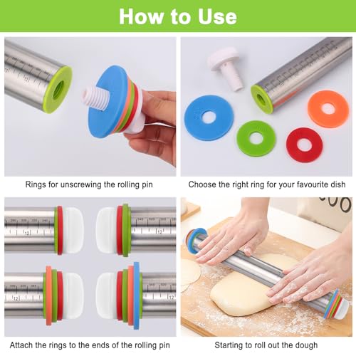 Adjustable Stainless Steel Rolling Pin with Thickness Rings for Baking - 17 Inch