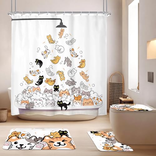 Cute Kids Cartoon Cat Bathroom Shower Curtain Set with Non-Slip Rugs (4-Piece)
