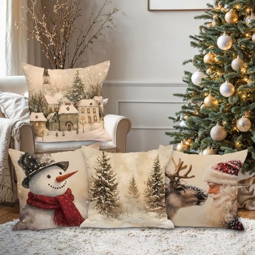 Lanpn 24x24 Christmas Throw Pillow Covers Set of 4 - Snowman Santa Reindeer Holiday Decor