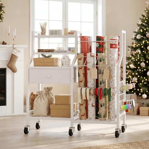 Rolling Gift Wrapping Paper Storage Cart with Drawer and Shelves