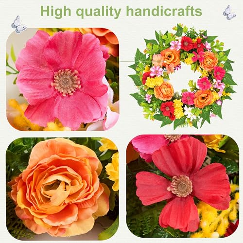 20-Inch Artificial Spring Floral Wreath with Orange Rose-Style Blooms
