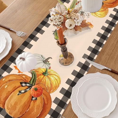 Thanksgiving Fall Table Runner 13x72 Inches Buffalo Plaid Pumpkin Decor