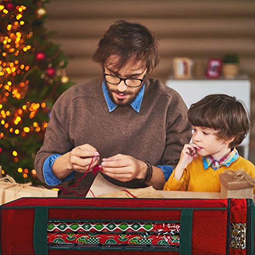 Wrapping Paper Storage Bag with Pockets Handles and Clear Window Red