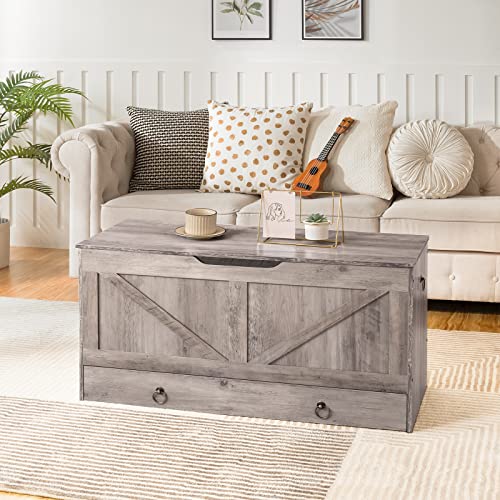 Wooden Storage Chest with Drawer, 39-Inch Entryway Bench with Safety Hinge
