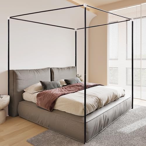 Full Size Stainless Steel Canopy Bed Frame - Black Metal Bed Post Poles