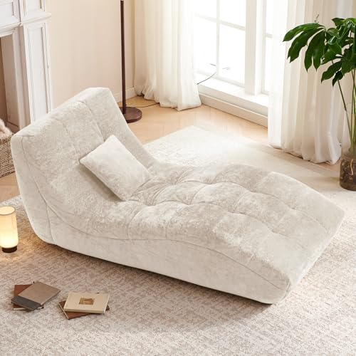 Modern Upholstered Chaise Lounge Chair with Tufted Curved Back, Beige
