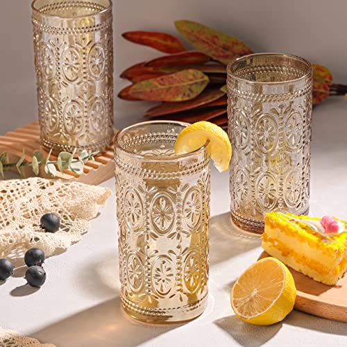 Darlion Amber 12oz Vintage Highball Glasses Set of 6 - Retro Crystal Clear Drinkware