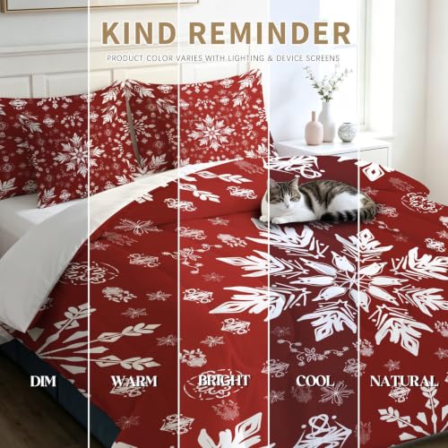 Red White Snowflake Twin Bedding Set - 5 Piece Bed in a Bag, Vintage Style, Model FUYEUN, Variation 02