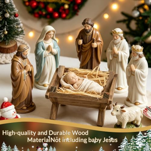 Fangoo 4 Inch Wooden Nativity Manger with Hay - Religious Christmas Decor