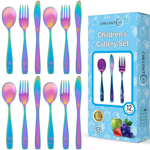 12-Piece Stainless Steel Kids Silverware Set - Toddler Safe Flatware with Rainbow Finish