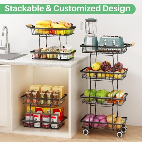 4-Tier Stackable Fruit Basket Stand, Rolling Wire Storage Cart for Kitchen