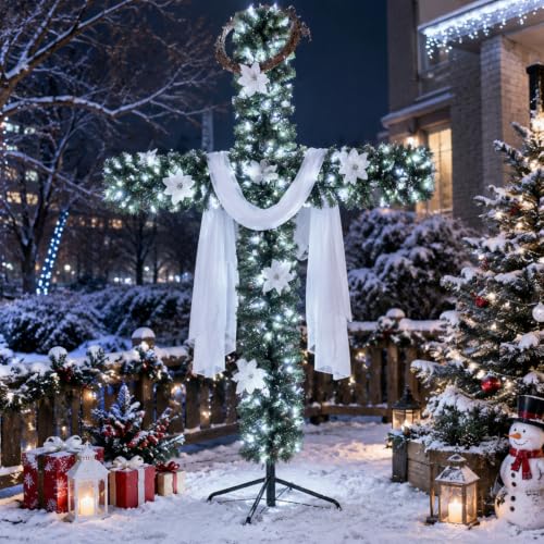 Leyndo 7.2 ft Cross Christmas Tree with Lights Prelit - 100 Light Bulbs, Natural Wooden Ring