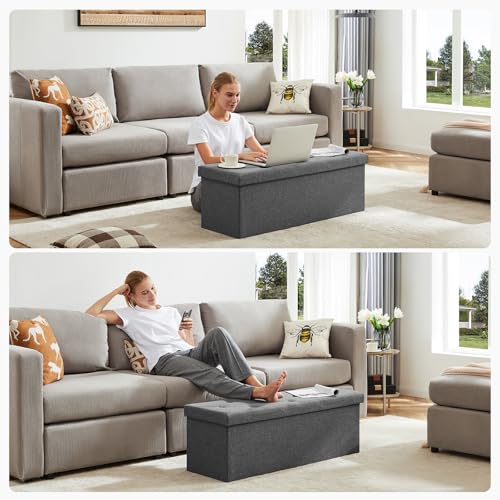 43-Inch Folding Storage Ottoman Bench with Padded Linen Seat - Grey