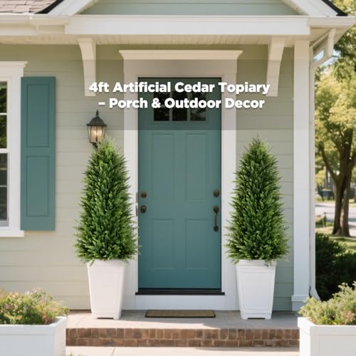 4ft Artificial Cedar Topiary Trees - UV Resistant Potted Faux Shrubs (2 Pack)