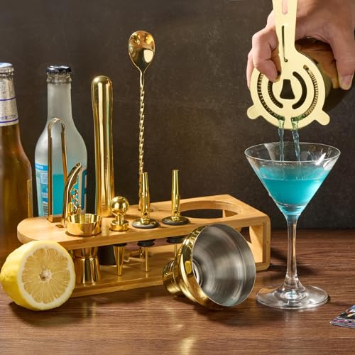 Wukuna 12-Piece Cocktail Shaker Set with Bamboo Stand - Bartender Kit for Home Bar