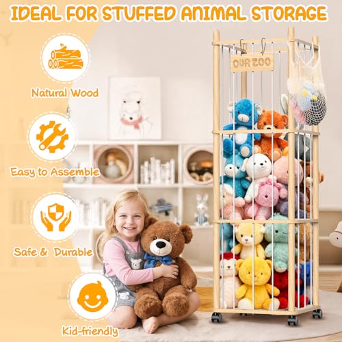 3-Tier Wooden Stuffed Animal Storage Organizer with Wheels, Mobile Toy Zoo