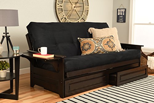 Full Size Wooden Futon Sofa Bed with Black Suede Mattress, Espresso Finish