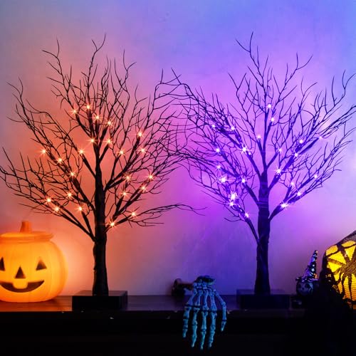 Lighted Black Halloween Trees with Dual-Color LED Lights & Timer - 2 Pack